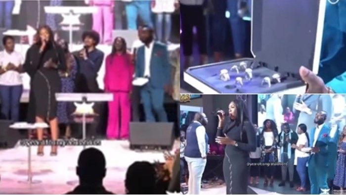 Nigerian man proposes to girlfriend with 7 diamonds rings in church (Watch video)